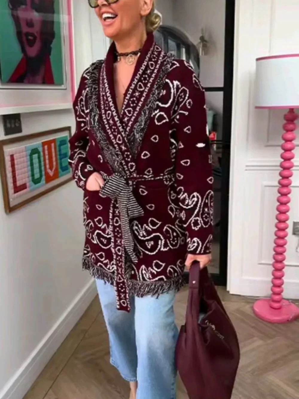 Autumn Fashion Tassel Autumn Women Jacquard Knit Cardigan Loose Long Sleeve Belt